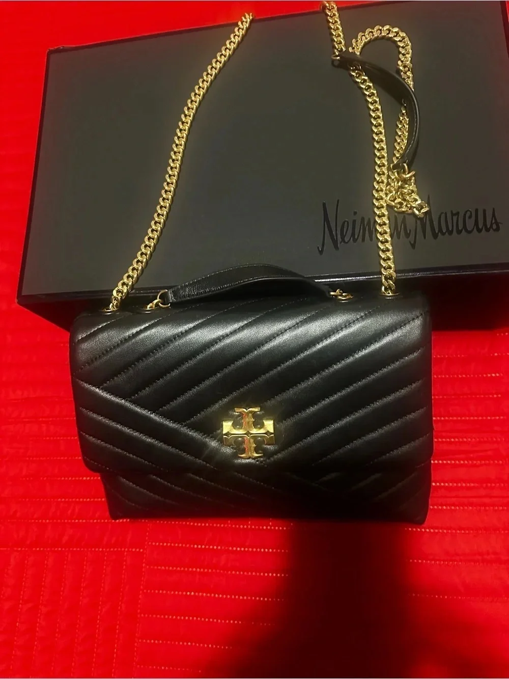 Tory Burch Black Quilted Leather Crossbody with Gold Chain